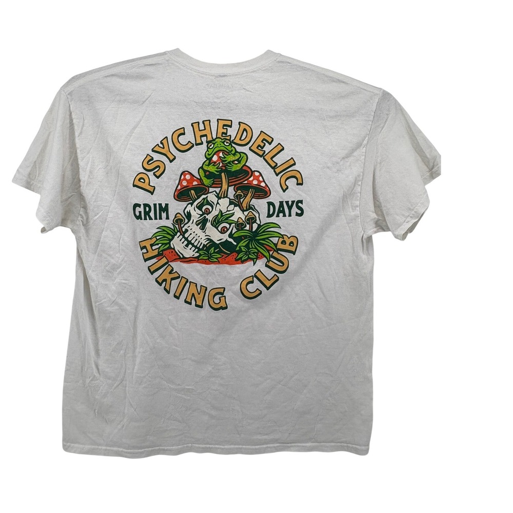 Grim Days Mens Psychedelic Hiking Club T-Shirt‎ XL Dirty White Stains
